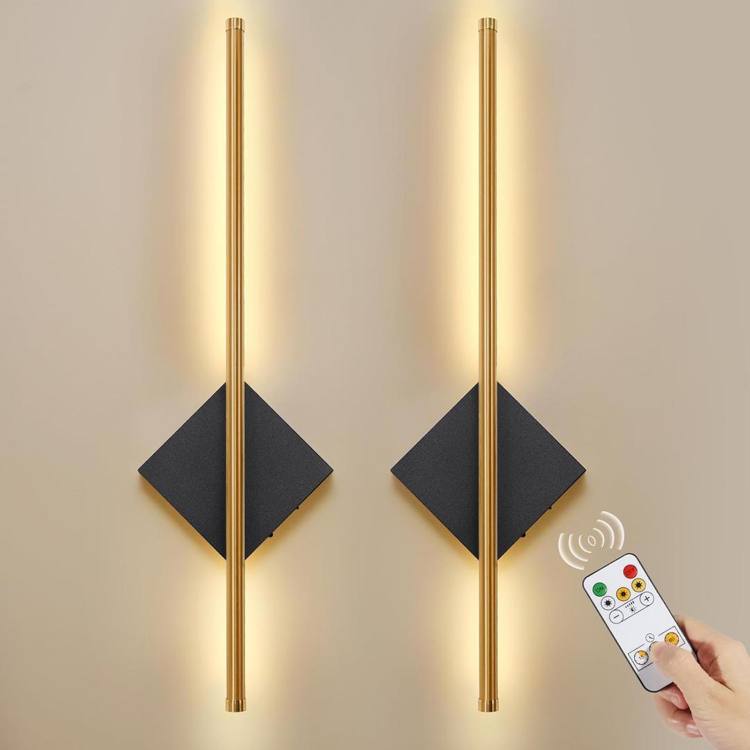 Battery Operated Wall Sconces Set of Two, Modern Sconces Wireless Cordless Rechargeable Light with Remote, Gold and Black Wall Lamp Dimmable Home Decor for Bedroom Living Room Hallway Timing 23.6 Inch