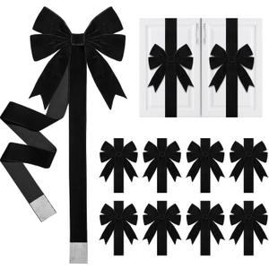 8 Pcs Christmas Velvet Cabinet Door Bows and Ribbons Large Black Velvet Bows for Christmas Cabinet Door Xmas Bows and Ribbon for Kitchen Furniture Winter Holiday Home Party Decoration Gifts