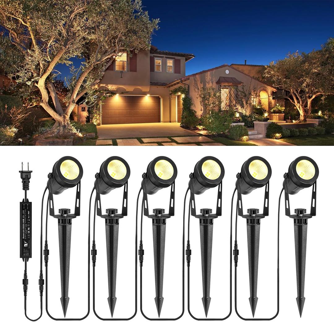 Low Voltage Landscape Lights 6 Pack, 69ft Cable Spotlight Outdoor with 12V Transformer, IP65 Waterproof Plug in Spot Lights 2700K Warm White for Yard, Plant, Lawn, Tree, Flags, Garden