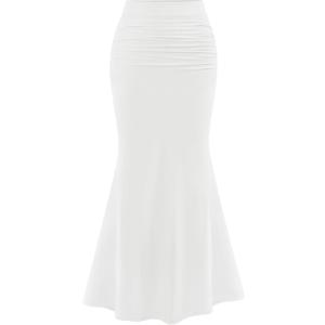 PRETTYGARDEN Women Bodycon Mermaid Skirt 2025 Spring Summer Casual Fitted Mesh High Waisted Ruched Maxi Long Going Out Outfit (Medium, White)