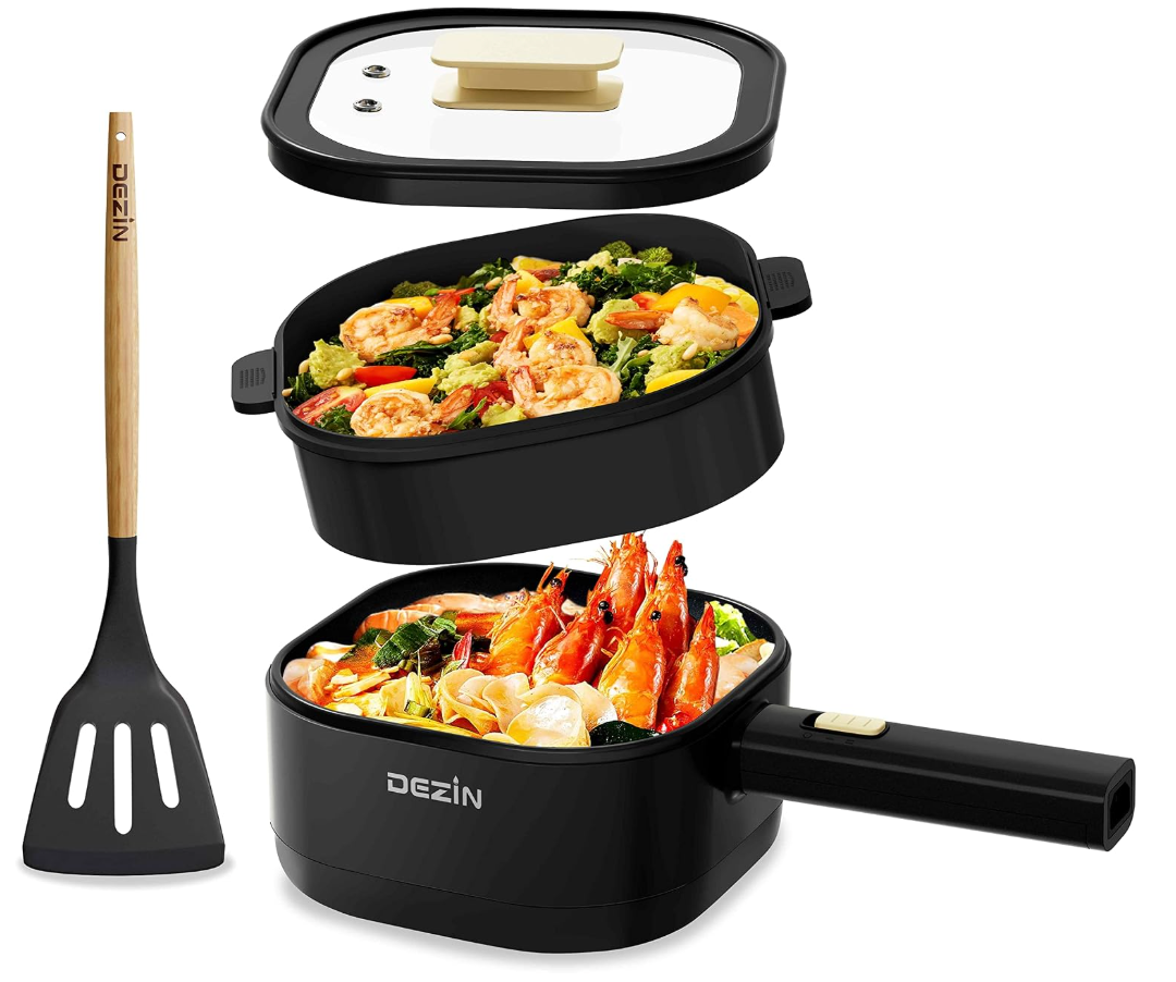 Dezin 2L Electric Hot Pot with Steamer, Non-Stick Portable Electric Pot
Dual Power, 800W Electric Pot for Cooking Steak, Egg, Oatmeal, Soup, Ramen Cooker for Dorm, Travel, Hotel, Office, Black Pan