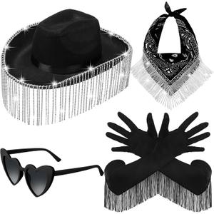 Chuarry 4 Pcs Rhinestone Cowgirl Hat Costume Accessories for Women Cowgirl Hat Sunglasses Bandana Fringe Gloves (Black)