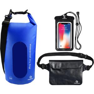 Freegrace Waterproof Dry Bags Set of 3 Dry Bag with 2 Zip Lock Seals & Detachable Shoulder Strap, Waist Pouch & Phone Case - Can Be Submerged Into Water - for Swimming (Navy Blue(Window), 20L)