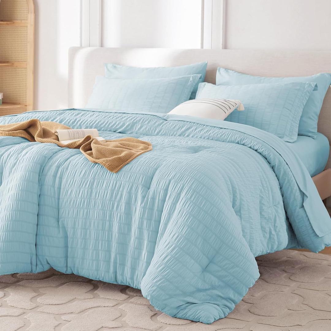 MUXHOMO 7 Pieces Full Comforter Set, Seersucker Bed in a Bag Full Size, All Season Luxury Bedding Set with Comforter, Flat Sheet, Fitted Sheet, Pillowcases & Shams, Lake Blue (Full (82"x86"))