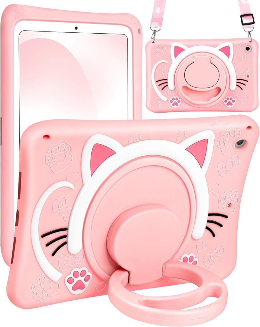 for iPad 9th/8th/7th Generation Case 10.2 Inch Cute Girls Kawaii Cover Girly 3D Cat Cartoon Women with Rotating Handle Stand & Strap Soft Silicone Funda for Apple iPad Cases 9th/8th/7th Gen