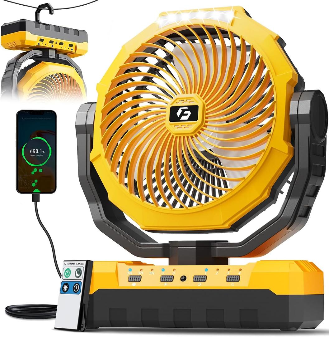 FRIZCOL 3-in-1 Camping Fan - Portable Fans Rechargeable - 24000mAh Battery Powered Fan with Light & Remote for Indoor, Outdoor, Tent, Travel, Fishing, Jobsite, Gifts for Men Dad Him - Yellow