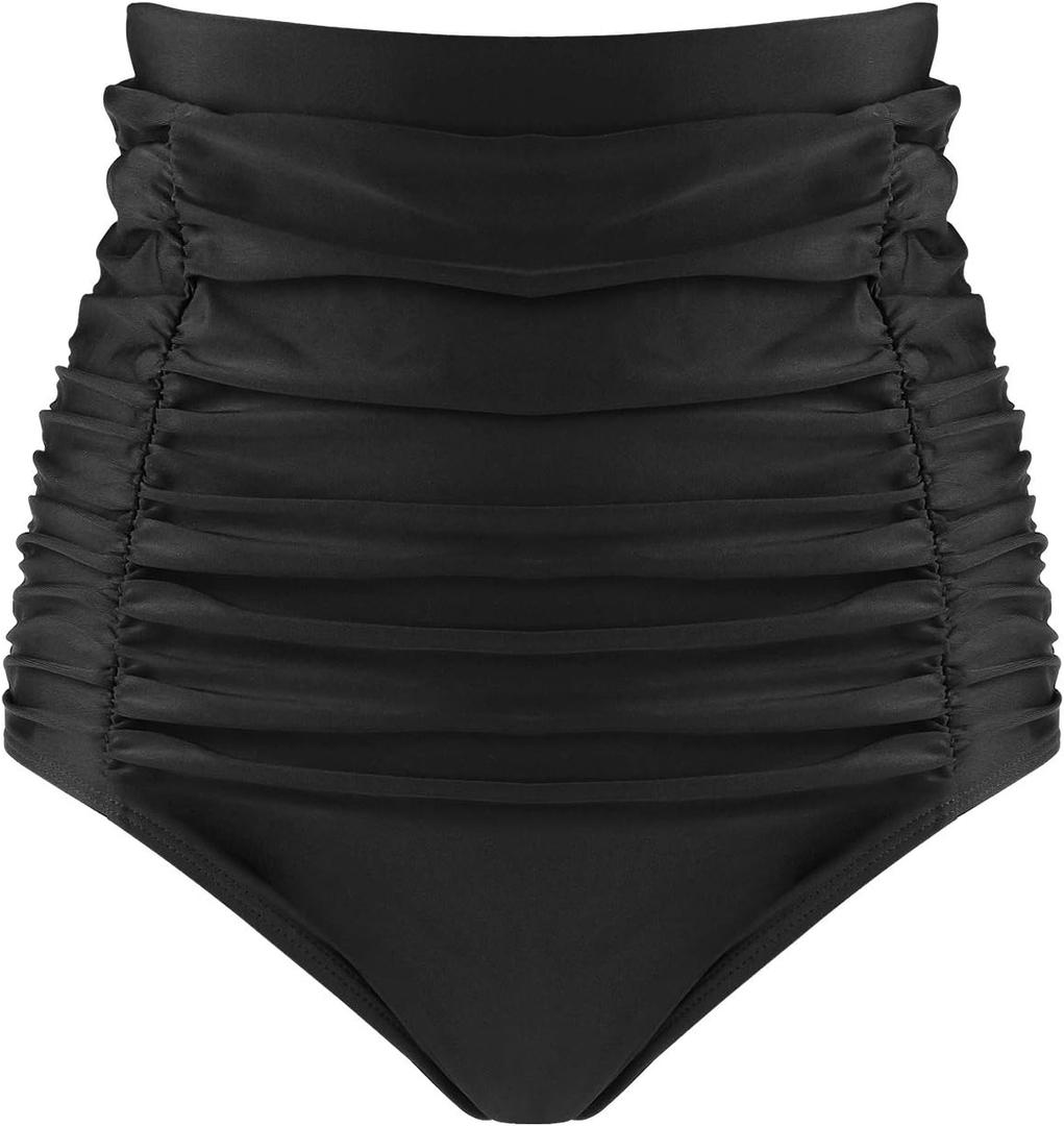 RELLECIGA Women's High Waisted Bikini Bottom Tummy Control Ruched Full Coverage Swim Bottom (Black, S)