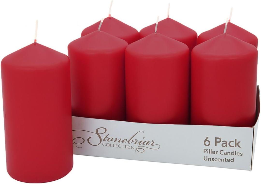 Stonebriar Unscented Pillar Candles 65 Hour Burn Time, Long-Lasting Wax Candles for Weddings, Holidays, Home Dcor & Special Events, Pack of 6, Red, 3" x 6"