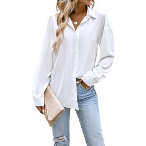 Button Down Shirts for Women Long Sleeve Collared Blouse Business Casual Tops (White, M)