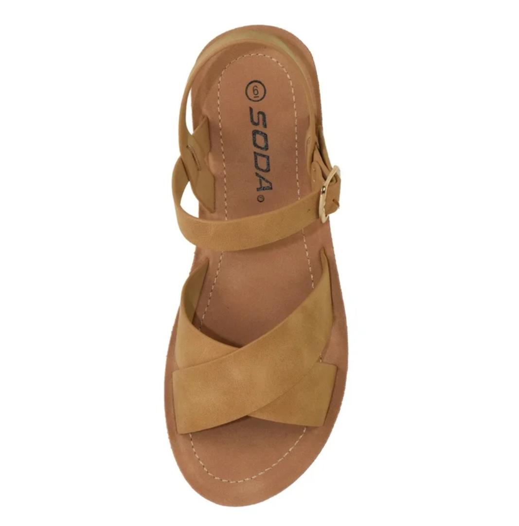 Soda Shoes Women Flat Sandals Flatform Ankle Buckle Criss Cross Band Straps Chester-S Natural Tan 10
