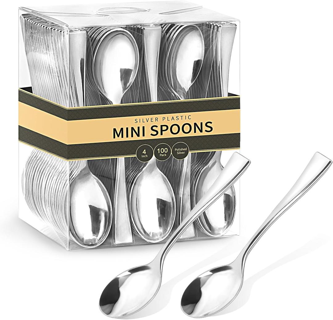 4 Inch Silver Plastic Mini Spoons, 100 Pack Heavy Duty Small Tasting Spoons for Party Dessert Shooters, Appetizers, Ice Creams, Food Samples, Puddings