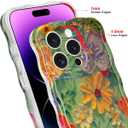 2 x Jusy Compatible with iPhone 11 Pro Max, Colorful Retro Oil Painting Printed Flower Laser Glossy Pattern Cute Curly Wave Phone Case Soft TPU Cover for Girly Women - Green Yellow
