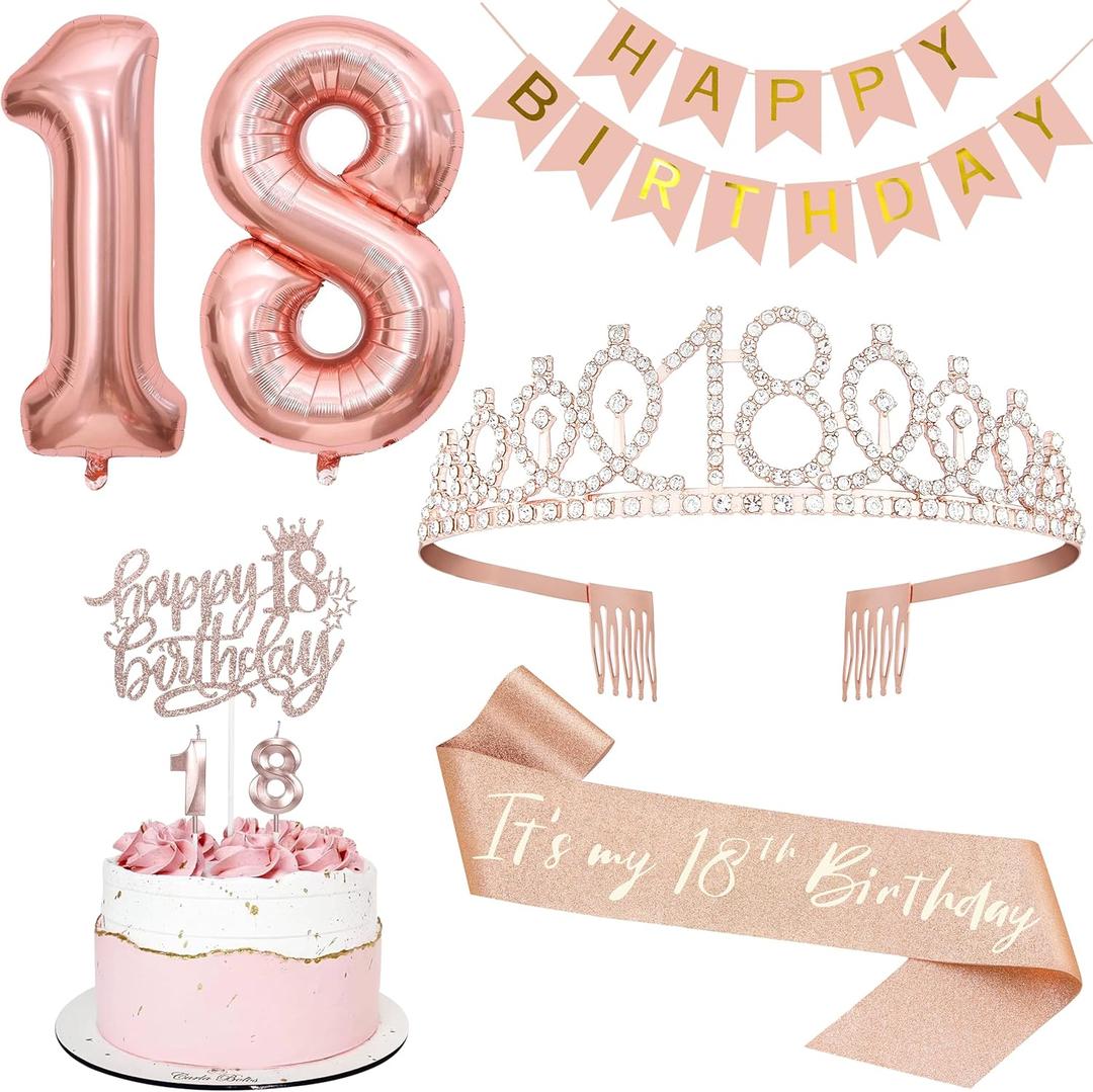 18th Birthday Decorations Set, Including 18th Tiara and Sash, Happy Birthday Banner, Cake Toppers, Number Candles and Balloons Set, Rose Gold