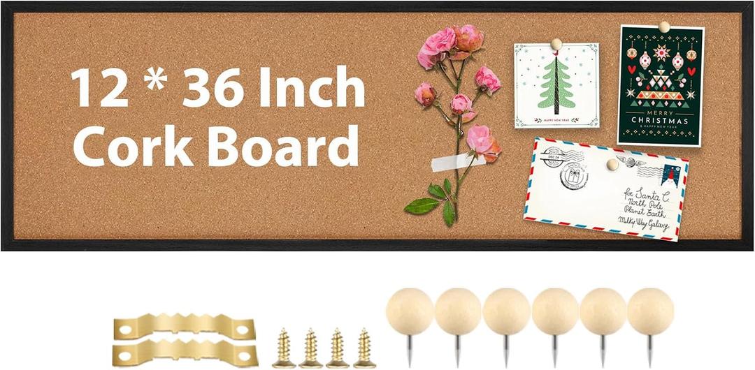 TORASO Cork Board Bulletin Board, Corkboard for Walls with Black Frame, Large Wall Mounted Cork Board with Installation Kit,11.8" x 35.4" Pin Tackboard for Home,Office, School (RMB-BK-3090)