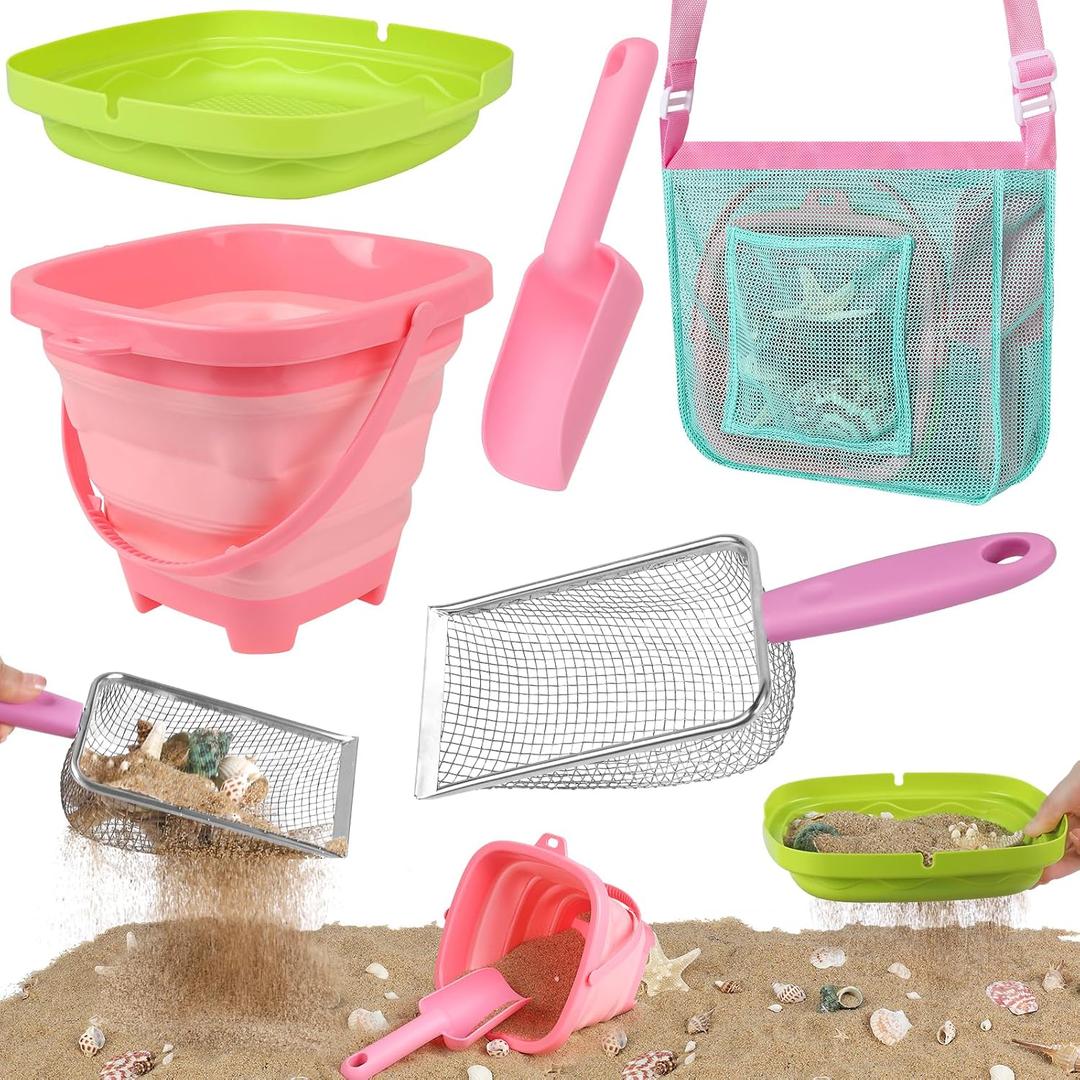 FHOZGECY Beach Toys, Sand Toys with Collapsible Bucket, Sand Sifter, Beach Mesh Shovel, Shark Tooth Sifter and Mesh Bag for Shell Collecting, Sand Dipper Beach Scoop Toys for Kids Boys and Girls