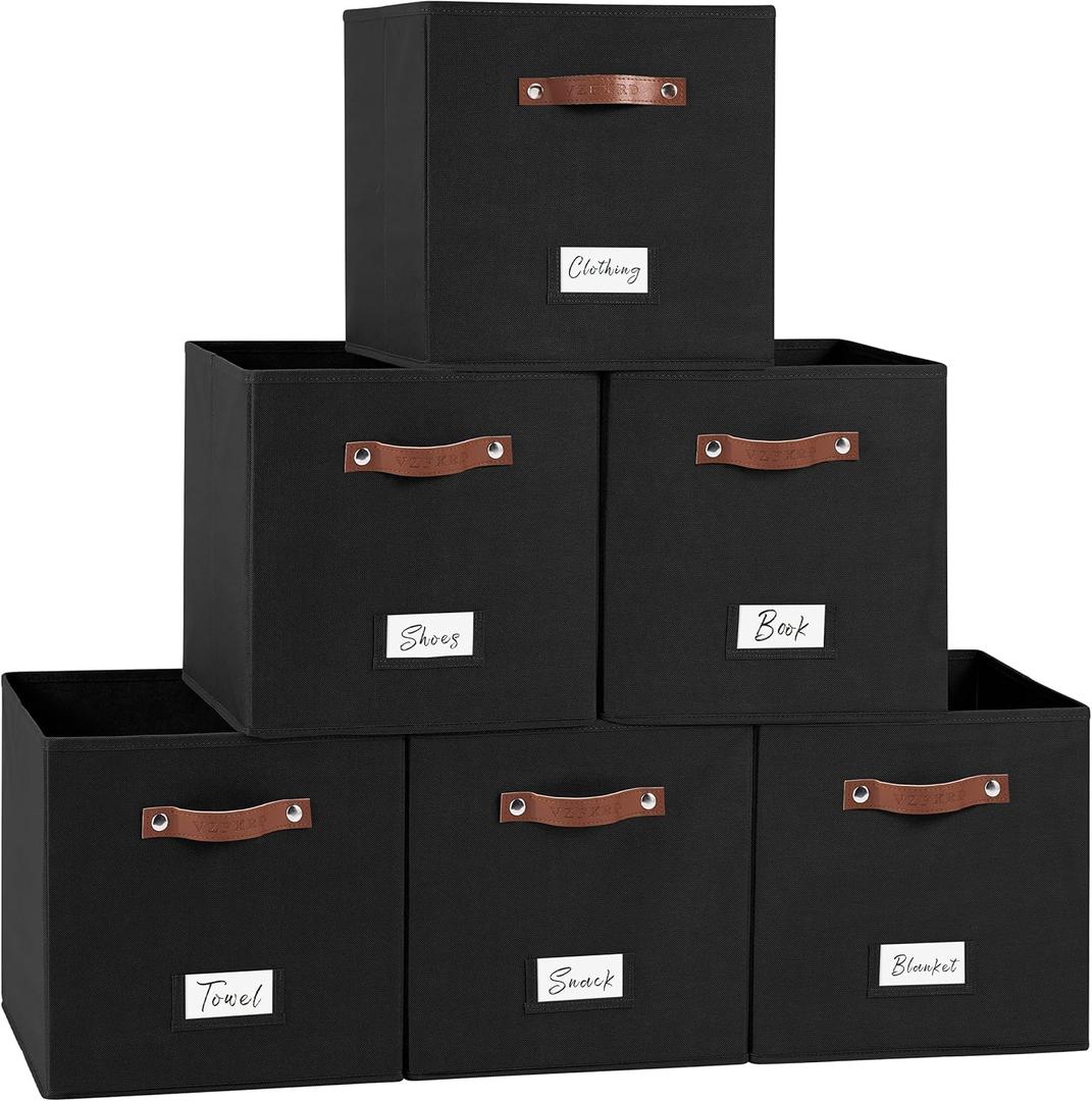 13 Inch Cube Storage Bin 6 Pack Collapsible Fabric Basket with Handles and Labels, Cube Storage Organizer for Closet, Bedroom, Living Room, Black