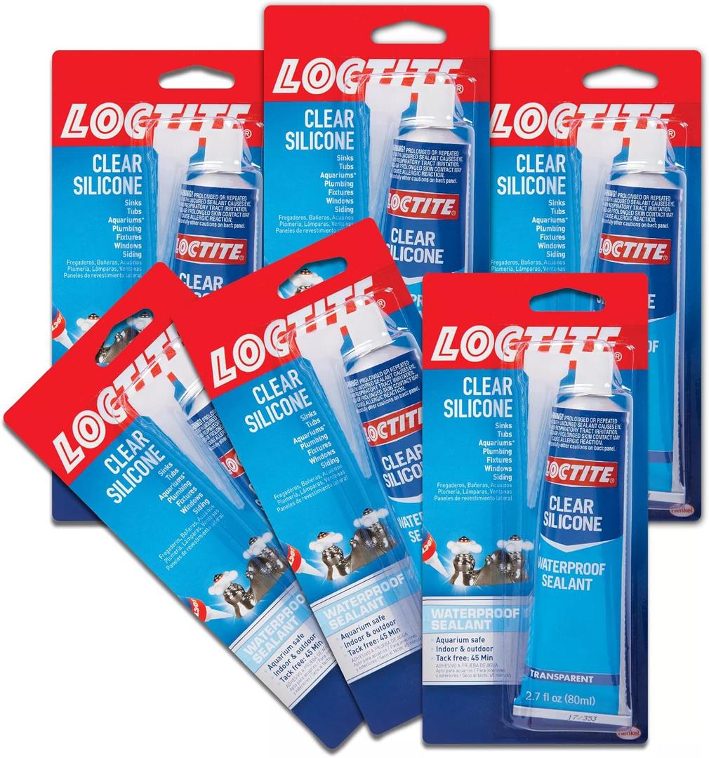 Loctite Silicone Sealant, Clear, 2.7 fl oz Tube, 6 Pack - 100% Waterproof Sealant for Glass, Ceramic, Wood, Plastic & More