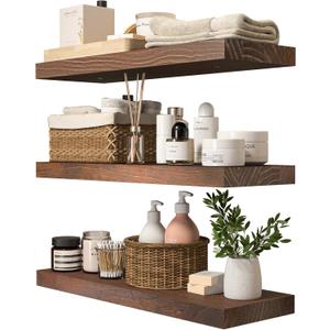 Natural Wood Floating Shelves Set of 3, Wide and Thick Rustic Wooded Wall Shelf 24 inch, Floating Shelf Wall Mounted for Living Room Bedroom Bathroom Kitchen - Walnut - 24D x 6.7W x 1.2H inch