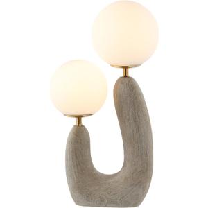 JONATHAN Y 18" Gray Wood Finish 2-Light Mid-Century Scandinavian Resin Cactus LED Table Lamp, Brass Iron Accents, Frosted Glass Globe Shades, LED Bulbs Included JYL4064A