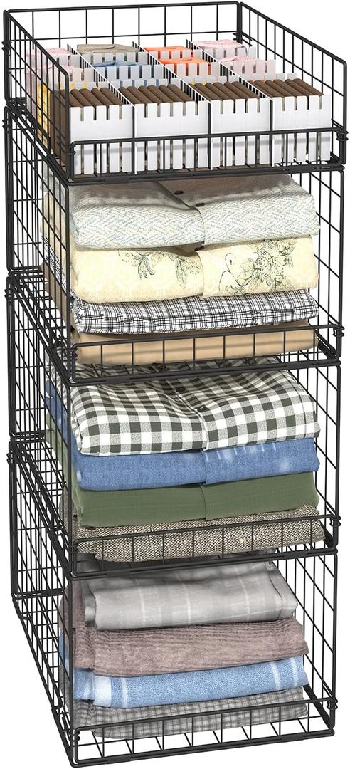 4 Pack Closet Organizers and Storage Shelves for Clothes, 4 Tier Stackable Closet Storage Basket Bin Container for Clothing Sweater Jean, Narrow, Foldable, Sturdy Metal (Small (11.81"D x 11.81"W x 30.63"H), Black)