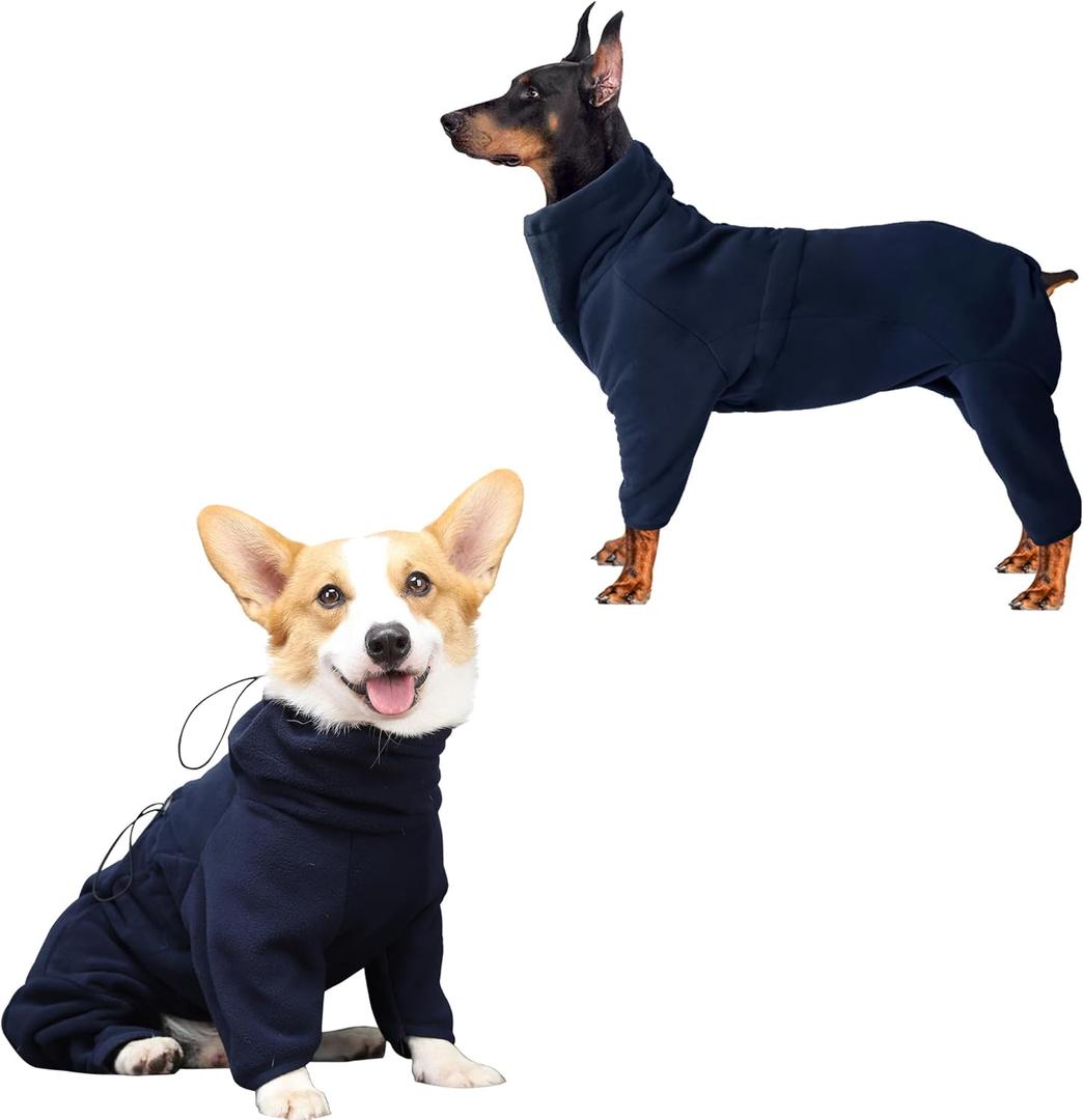 Dog Winter Coat, Polar Fleece Pullover Jumpsuit, Dog Sweatshirt Jacket, Fullbody Pajamas Onesie for Dogs Hiking Walking Sleep, Navy S