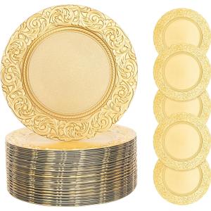 100 Pcs Gold Charger Plates, 13 Inch Antique Charger Plate Set Plastic Embossed Dinner Plate Reusable Plates for Table Setting Wedding Party (Gold)