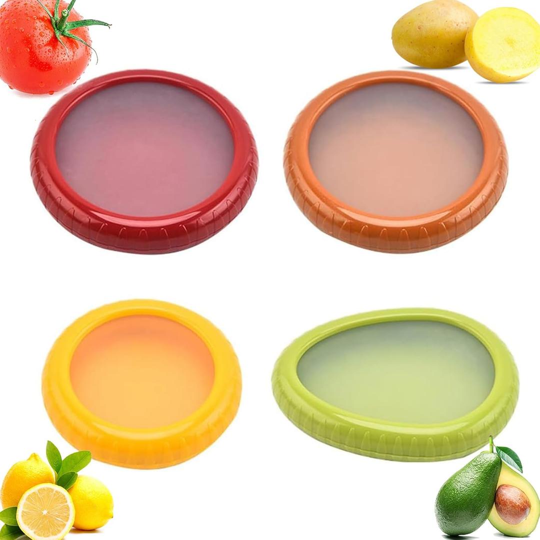 4 PCS Silicone Fruit and Vegetable Containers for Fridge, Reusable Fruit Storage Box, Silicone Food Storage Containers Set - (Green, Red, Yellow, Brown), Airtight Storage Box with Lid