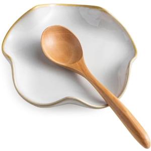 Miamolo Spoon Rest for Stove Top, Spoon Holder for Stove, 5.3In Ceramic Spoon Rest for Kitchen Counter, Coffee Spoon Holder with Ruffled Edge, Farmhouse Spatula Holder for Kitchen Decor, Beige