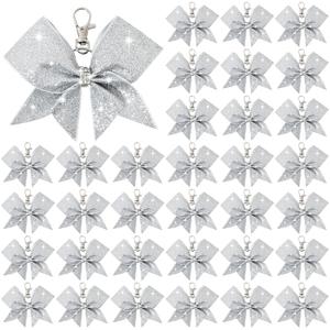 36PCS Cheer Bow Keychain Glitter Bow Keychain Hair Bow for Girls Rhinestones Sequin Bow School Senior Cheer Bow Accessories for Teen Softball football Cheerleader (Glitter Silver) (36 PCS-Glitter Silver)