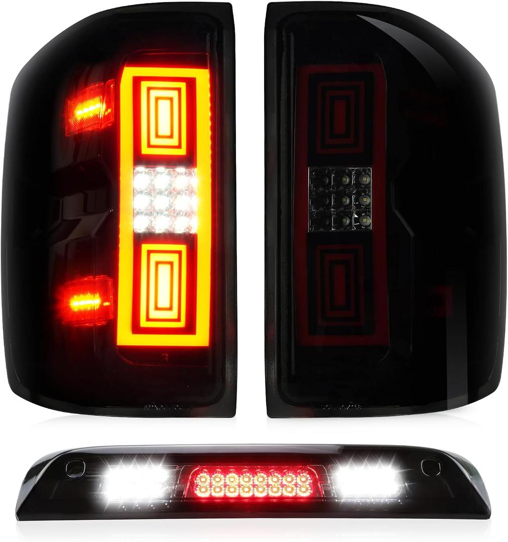 Tresound Tail Lights + 3rd Third Brake Cargo Lamp for Chevy Silverado 1500 2014-2018, 2500 HD & 3500 HD & GMC Sierra 3500 HD 2015-2018, High Mount Stop Light Rear LED Taillight Assembly, Smoke Lens