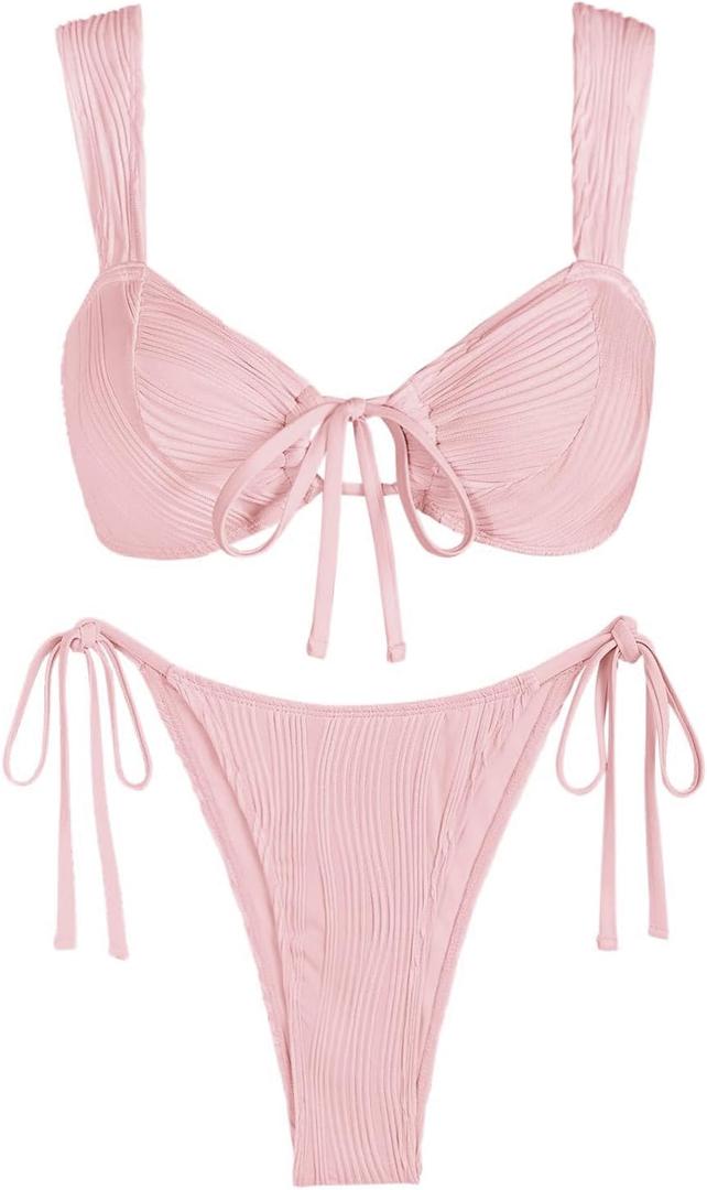 seamoly Bikini Sets for Women Ribbed Cutout Swimsuit Cheeky High Cut Side Tie Thong Bathing Suit Tie Back Swim Suits (Pink, M)
