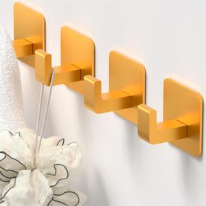 Square Self Adhesive Towel Hooks - 4 Pack Gold Metal Right-Angle Hooks, Grainy Sparkle Finish, Organize Bathroom, Kitchen & Entryway, Hang Towels, Robes & Hats on Smooth Surfaces
