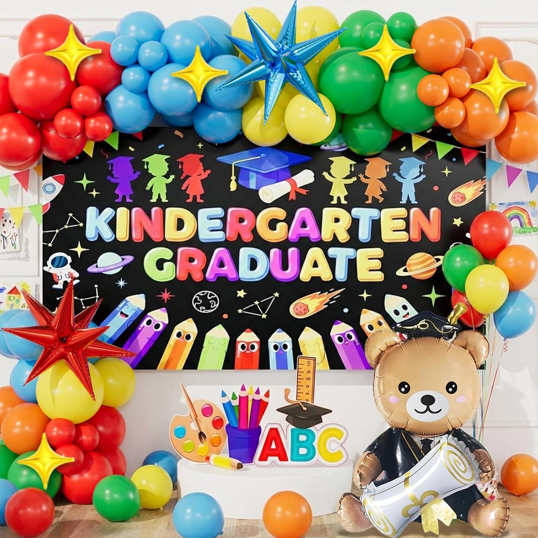 140pcs Kindergarten Graduation Party Decorations Kit Rainbow Balloon Garland Arch with Bear Foil Balloon, Star Balloons & Graduation Backdrop Banner for Kids Preschool Grad Party Supplies