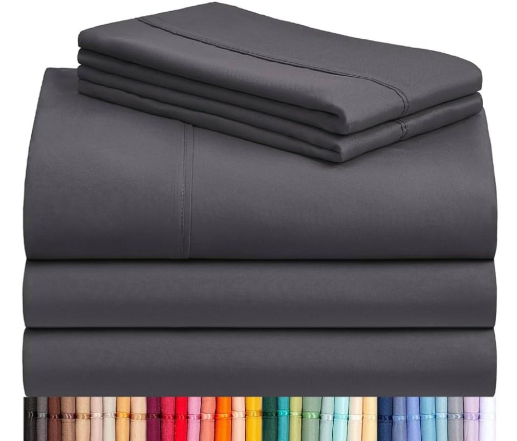 LuxClub 5 PC Split King Sheet Set Sheets Deep Pockets 18" Eco Friendly Wrinkle Free Cooling Sheets Machine Washable Hotel Bedding Silky Soft - Dark Grey Split King