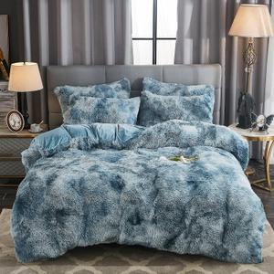 WERDIM Shaggy Fluffy Tie Dye Duvet Cover Set Button Closure Velvety Bedding Set Comforter Cover with Pillowcases Tie Dye Turquoise, King Size