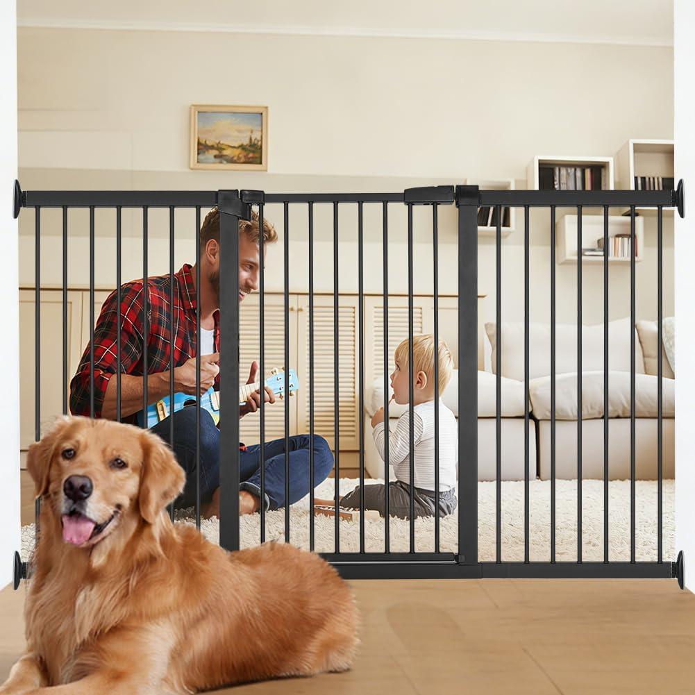 Extra Wide Dog Gate for Doorways Hallways 71.2"-76.7", 30 in Tall Baby Gates with Door No Drill, Auto Close Child Safety Gate for Pet Kid Doggie Cat Proof, Large Long Dog Barrier Indoor House, Black