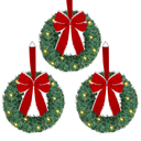 ATDAWN 3 Pack Mini Christmas Wreath, Lighted Christmas Front Door Wreath, Xmas Wreath for Holiday Christmas Party Decorations (Red Bow)