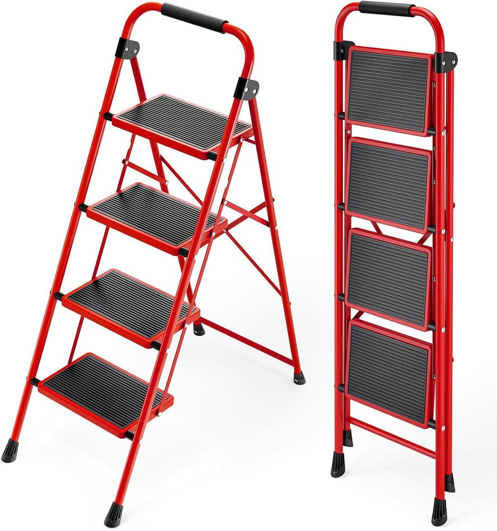 KINGRACK Step Ladder, Folding Ladder with Non-Slip and Wide Pedal, Small Ladders with Handle, Heavy Duty Steel Ladder, Lightweight Step Ladder (Red, 4 Step Ladder)