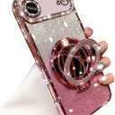 Magnetic Kickstand Glitter Case for iPhone Air,[Compatible with Magsafe] Cute Bling Sparkly Rhinestones with Camera Lens Protector& Makeup Mirror Women Girls Case for iPhone 17 Air 6.5", Pink