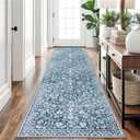 Vintage 2.6x10 Hallway Runner, Blue and White Washable Non-Slip Long Hallway Carpet, Super Soft Kitchen Runner, Print Faux Wool Floral Thin Carpet for Entryway