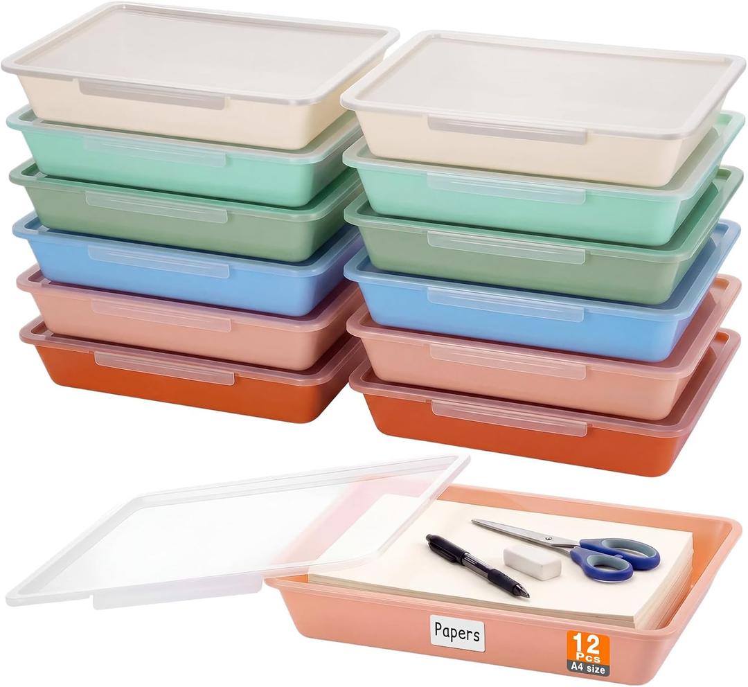 12 Pcs Classroom Paper Storage Bins with Clear Latching Lid, Label Stackable Letter Size Flat Tray Container for Teacher Back to School Supplies Home Office Desk Arts Crafts (Boho,13x10in)