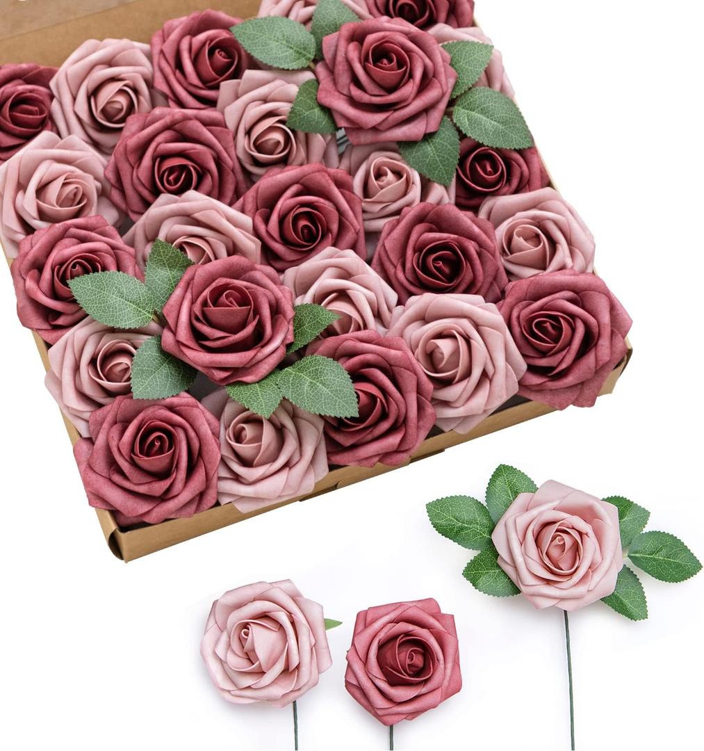 Ling's moment Artificial Flowers 50Pcs Torrid Blush Roses Decor w/Stems,3" Real Touch DIY Foam Floral for Wedding Bouquet/Centerpieces, Outdoors Party Backdrop, Room/Table, and Garden/Pot Decorations (Pk- Cinnamon Rose & Shabby Pink)