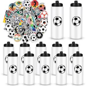 Soccer Party Favors, 12 Pack Soccer Water Bottles with 300 PCS Stickers, 20 oz Sports Squeeze Bottle, BPA-Free Reusable Water Bottles Bulk for Boys, Gifts For Team
