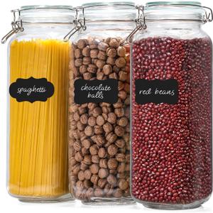 VITEVER [ Taller ] 92oz Glass Jars with Airtight Lid, Large Glass Food Storage Jars, 3 Pack Wide Mouth Airtight Glass Jars for Kitchen Pantry Spaghetti, Square Mason Jars with Labels