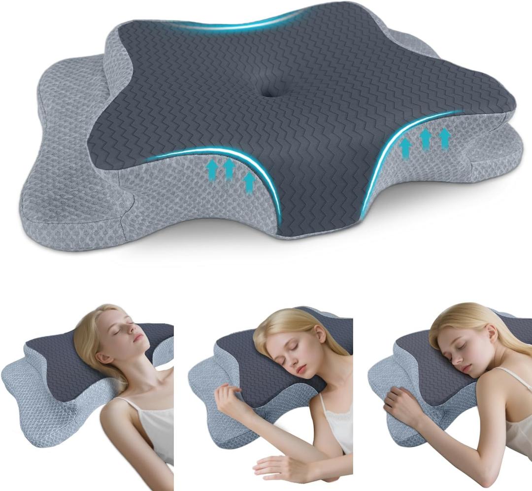 CHxxy Cervical Pillow for Neck Pain Relief, Memory Foam Pillows, Ergonomic Contour Bed Pillow, Soft for Side Sleep Stomach Sleeping and Back Sleepers-Queen Size Grey&Grey