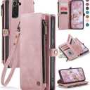 Defencase Compatible with Galaxy S21 FE 5G Case Wallet with RFID Blocking Card Holder for Women Men, PU Leather Magnetic Snap Flip Zipper Strap Phone Case Fit for Samsung Galaxy S21 FE 5G, Rose Pink