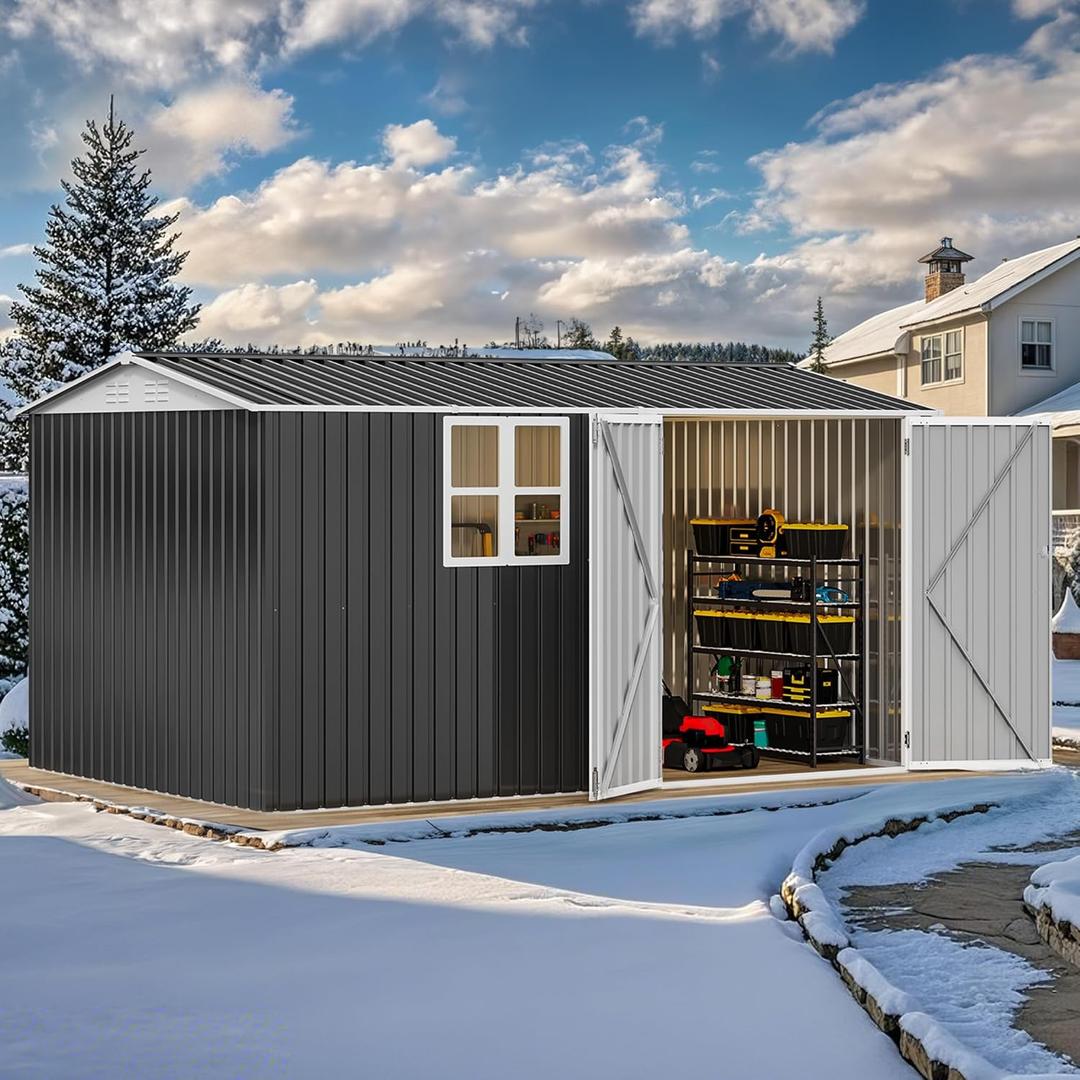 DWVO 12x8ft Large Tool Storage Shed with Window, Lockable Doors, and Sloped Roof, Oversized Steel Outdoor Storage Shed for Garden, Patio, Garage, Backyard, Lawn(Gray + White)