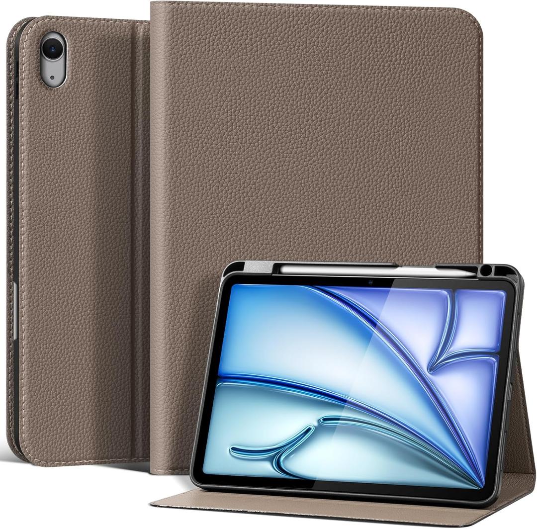 Leather Case for iPad Air 11" M4/M3/M2 (2026/2025/2024) & 10.9" 5th/4th Gen (2020/2022) with Pencil Holder | Auto Wake/Sleep | Protective Shockproof Cover | Adjustable Stand | Gray Brown