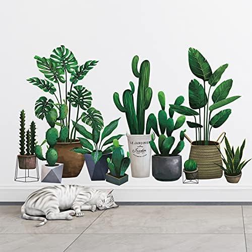Green Pot Plants Leaves Wall Decals, Monstera Cactus Bonsai Tropical Potted Plants Wall Stickers, Removable Palm Tree Leaf DIY Art Decor Murals Decoration for Bedroom, Nursery, TV Wall