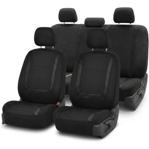 FH Group Car Seat Covers Unique Flat Cloth Full Set Automotive Seat Covers Front Set and Rear Solid Bench Black Seat Covers w. Gift Universal Fit Interior Accessories for Cars Trucks and SUVs